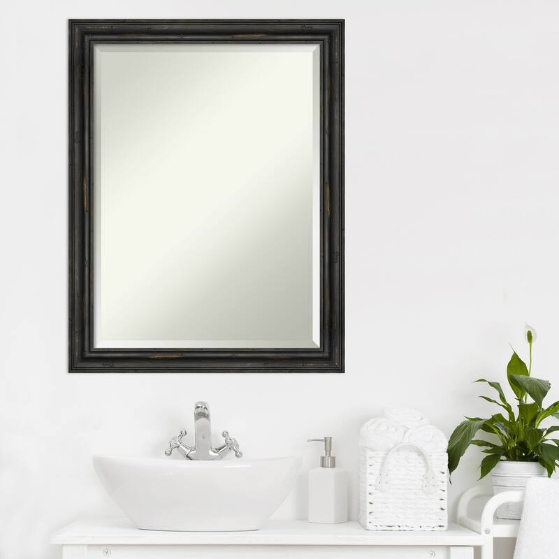 Beveled Wood Bathroom Wall Mirror - Rustic Pine Black Narrow Frame