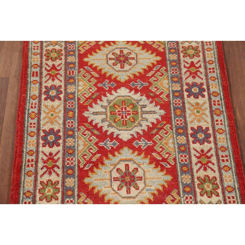 Geometric Kazak Oriental Foyer Rug Handmade Red Wool Carpet - 2'0" x 2'11"