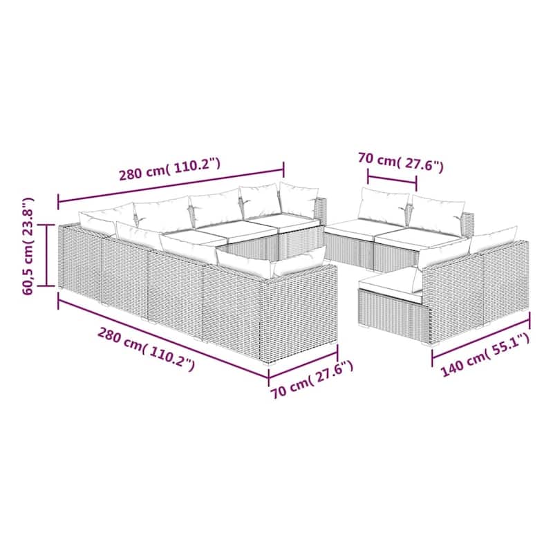 vidaXL Patio Lounge Set Outdoor Sectional Sofa Set Table Garden Poly Rattan - 27.6" x 27.6" x 23.8"
