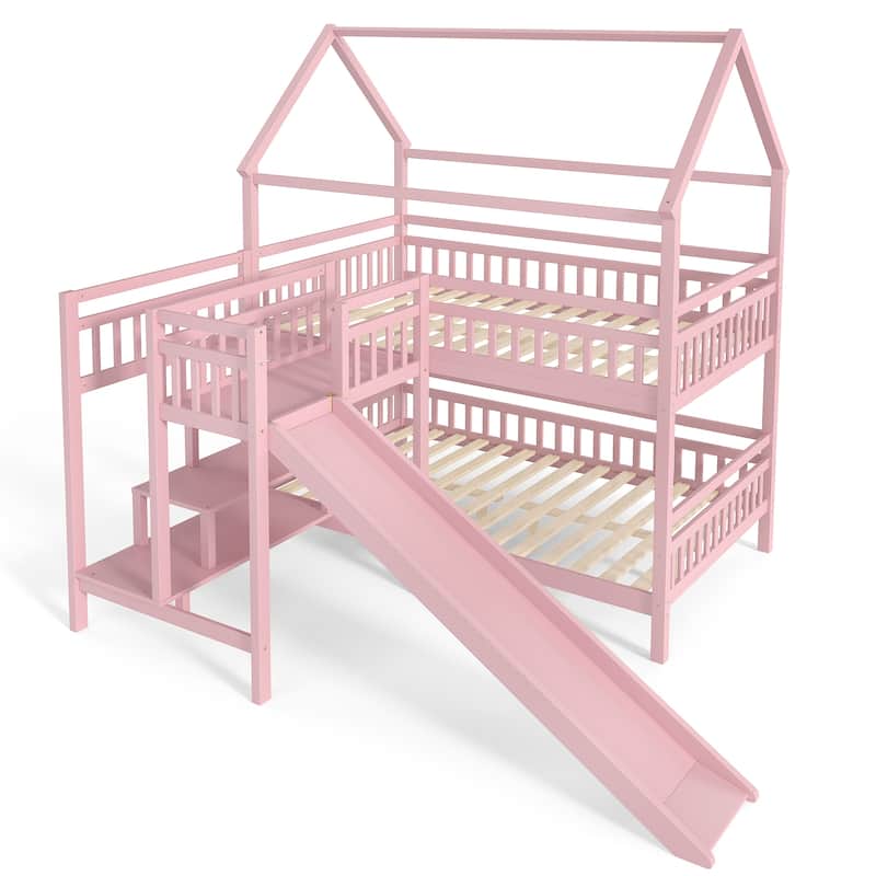 Full/Twin House-Shaped Bunk Bed with Slide & Storage Stairs, Playhouse Bed with Two Placement Methods