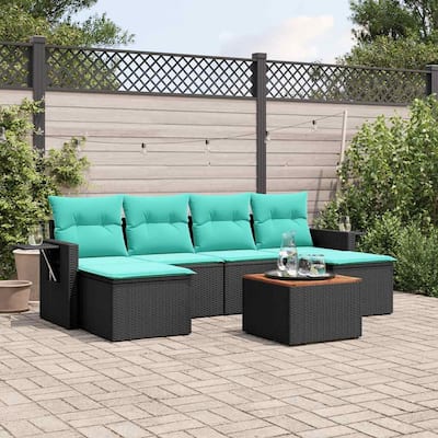 vidaXL 7 Piece Patio Sofa Set with Cushions Black Poly Rattan - 21.7" x 24.4" x 27.2"