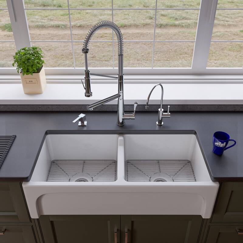 ALFI brand 39-inch White Arched Apron Thick Wall Fireclay Double Bowl Farm Sink