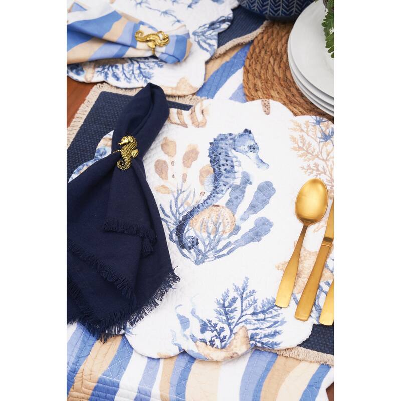 Seahorse Sands Reversible Machine Washable Scallop Quilt Round Placemats Set of 6