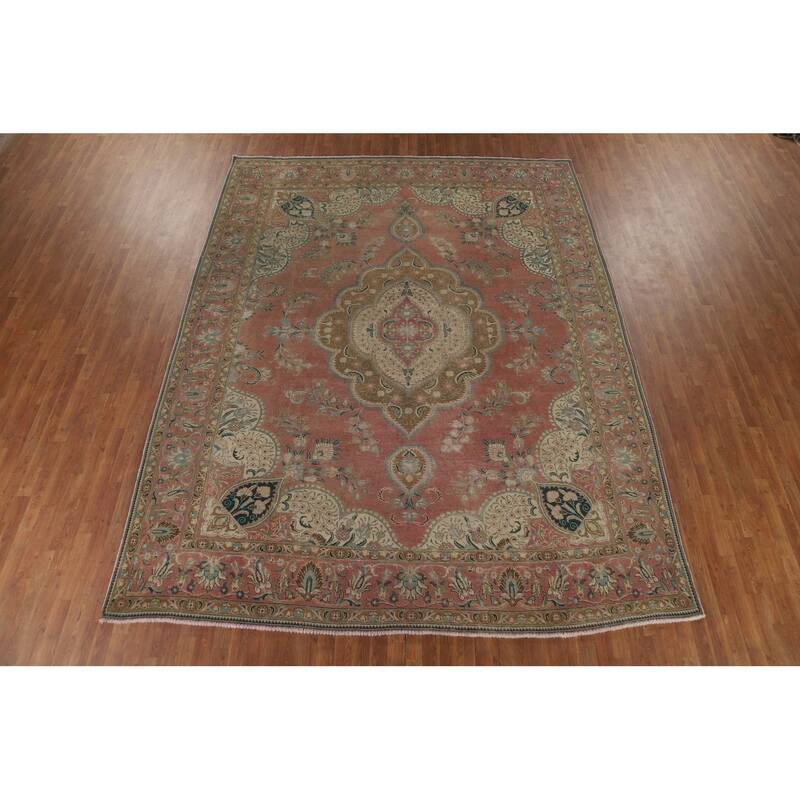 Pink Tabriz Vintage Persian Area Rug Hand-Knotted Wool Carpet - 9'10" x 12'7"