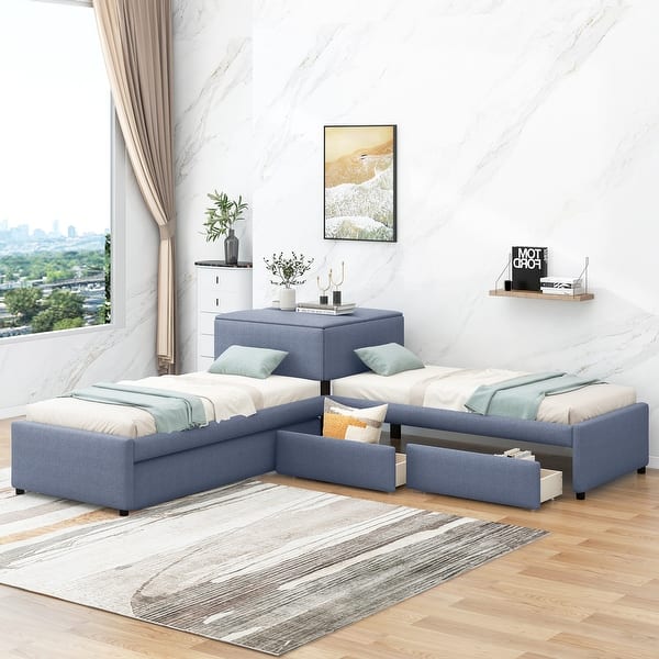 slide 2 of 16, L-Shaped Twin Platform Bed with Trundle, Drawers, and Desk, Solid Wood Frame, Grey Grey