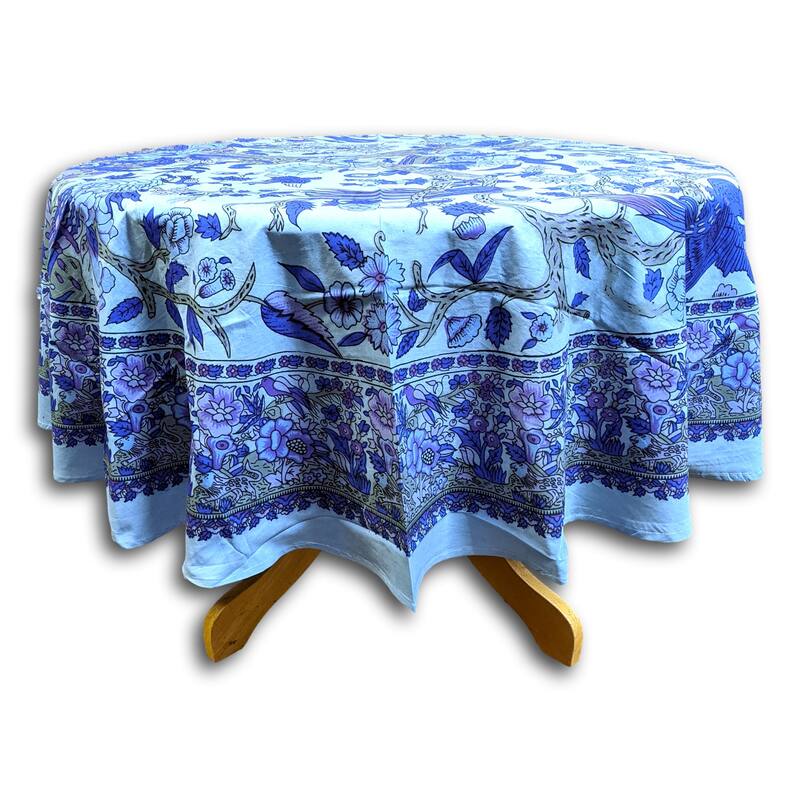 Vibrant Cotton Floral Tree Of Life Tablecloth Collection - 72-inch Round - Blue
