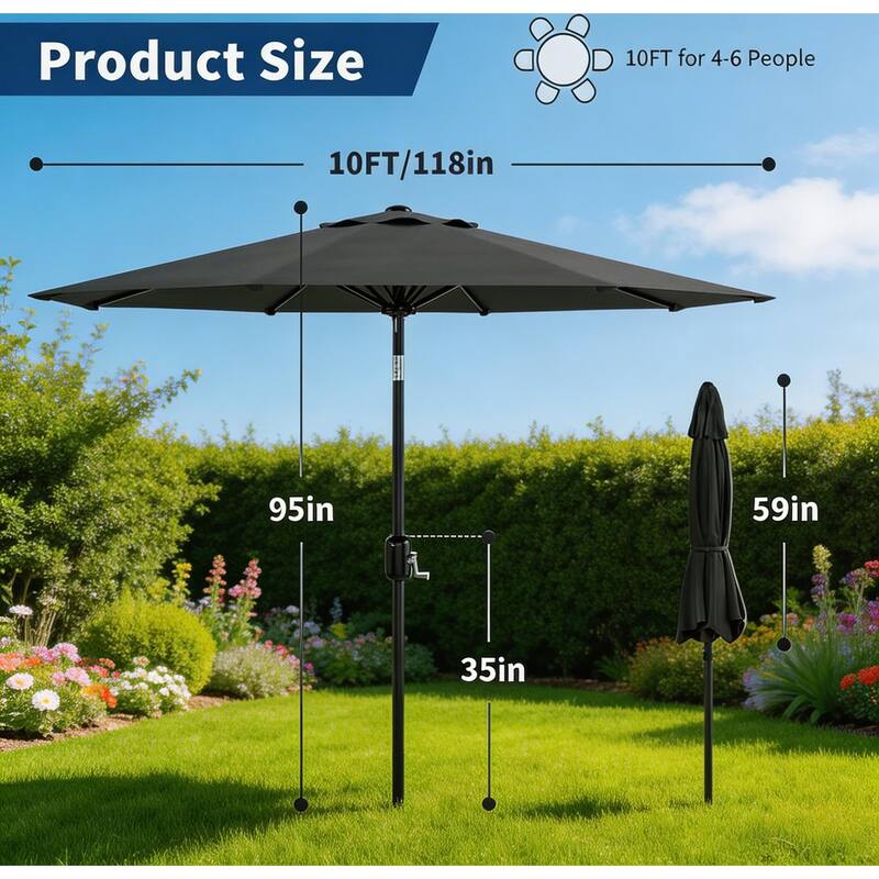 10ft Outdoor Patio Umbrella, with Crank Lift & Push Button Tilt, UV Protection Waterproof