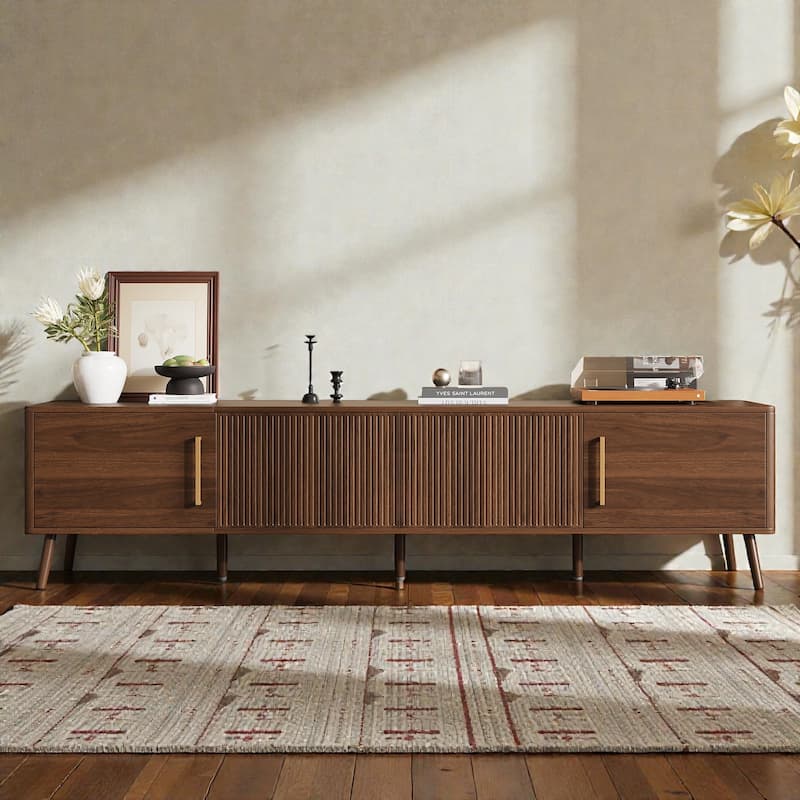 78" Modern TV Stand for 85" TVs, Entertainment Center with Fluted Doors, Solid Wood Legs & Cable Management, Soft-Close Hinges