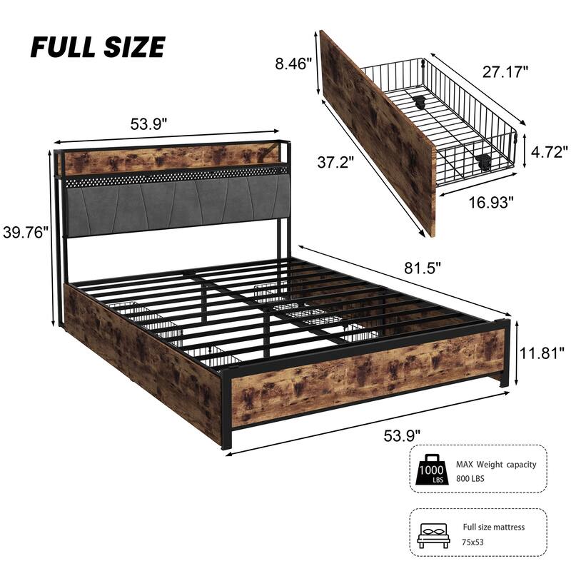 Queen Size Metal Platform Bed Frame with LED RGB Headboard, 4 Rolling Storage Drawers, Built-In Charging Station
