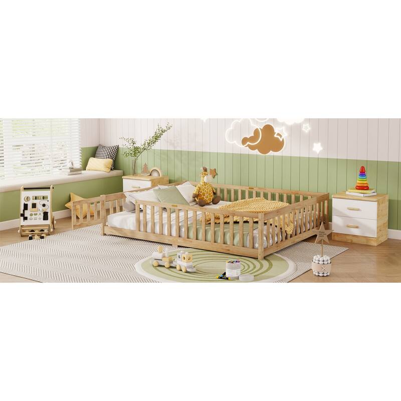Roomfitters Queen Floor Bed with Surround Fence and Swing Door, Rubber Wood Platform with Guardrails and Slats, Natural