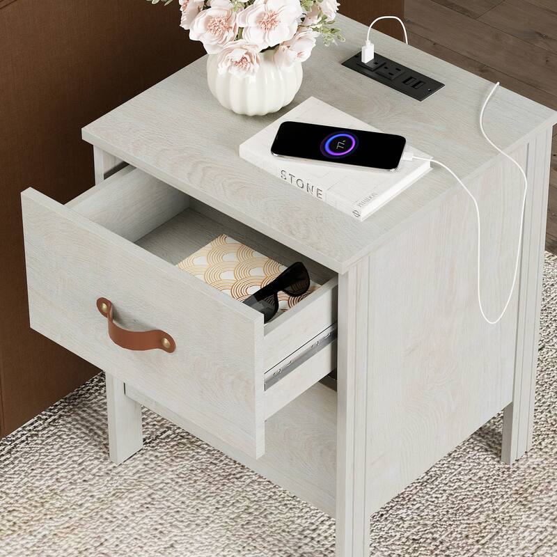 WAMPAT White Nightstand with Charging Station,Bedside Table with 2 Drawer，Set 2