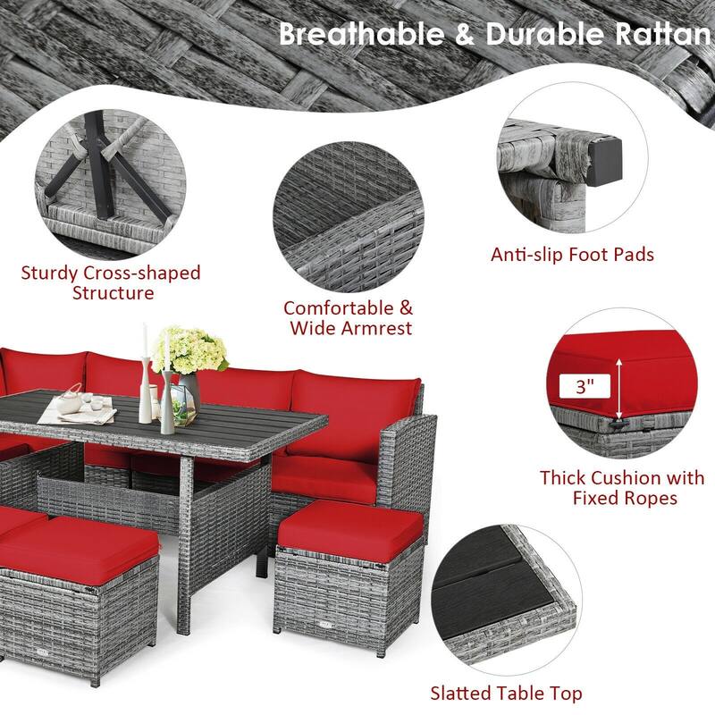 7 Pcs All-Weather Patio Rattan Dining Furniture Sectional Sofa Set with Wicker Ottoman and Cushed Couch