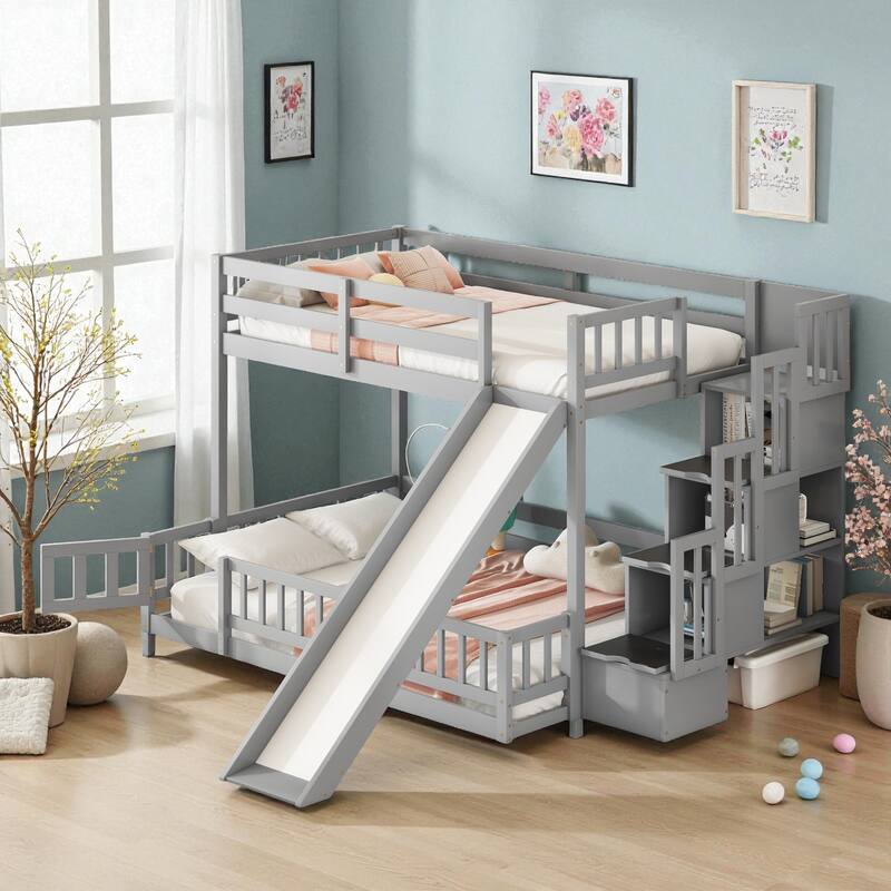 Twin Over Full Bunk Bed with Slide and Storage Staircase, Solid Pine Wood Frame with Guardrails and Drawers