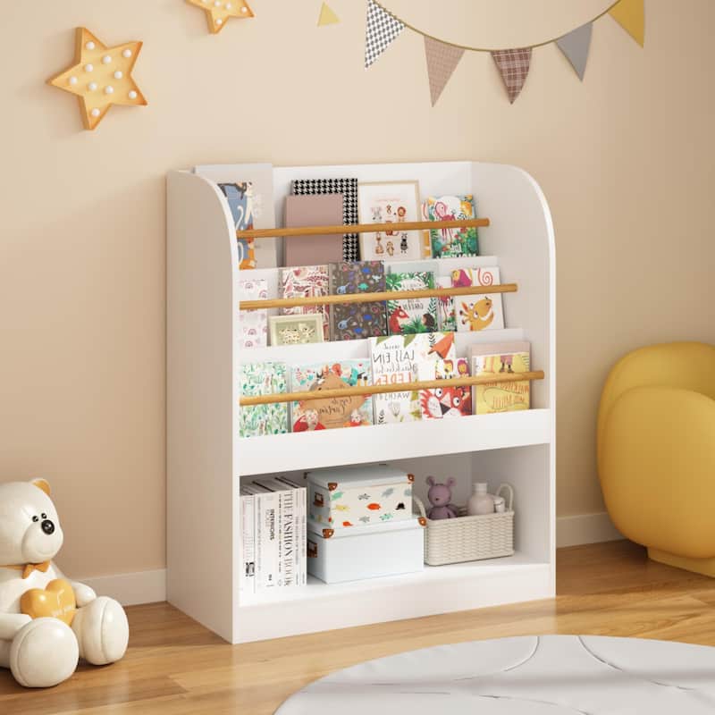 Anmytek 3-Tier Kids Bookcase with Storage Bin, Front-Facing Display for Toddlers, White with Wooden Guardrails