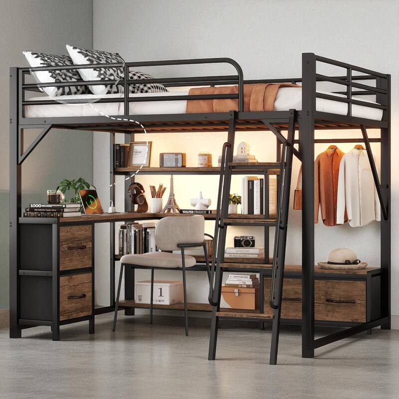 Full/Queen Size Metal Loft Bed with Desk, LED Lights, USB Ports, Shelves, Drawers, and Wardrobe, Black