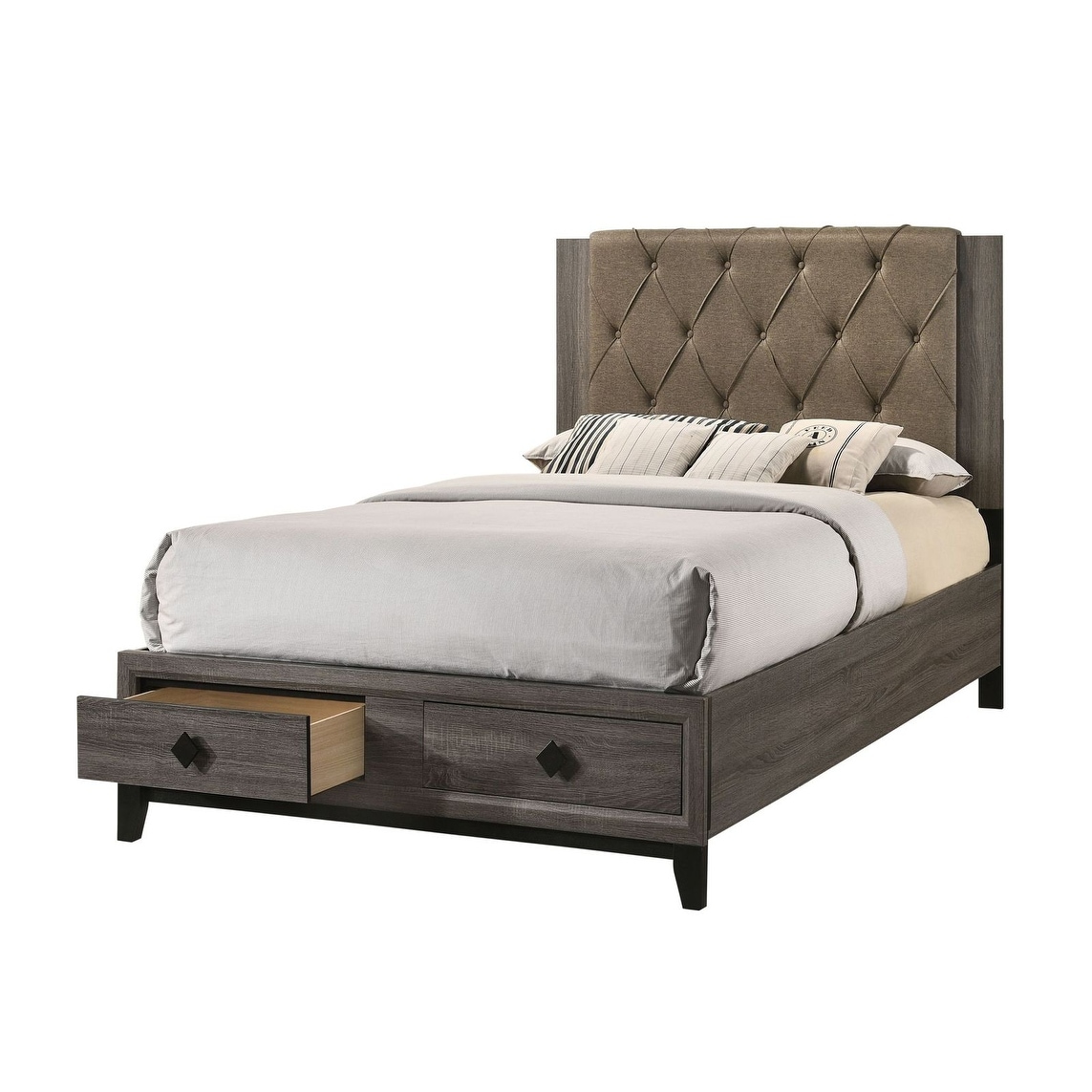 Queen Bed w/Storage, Fabric & Rustic Gray Oak -  Calnod