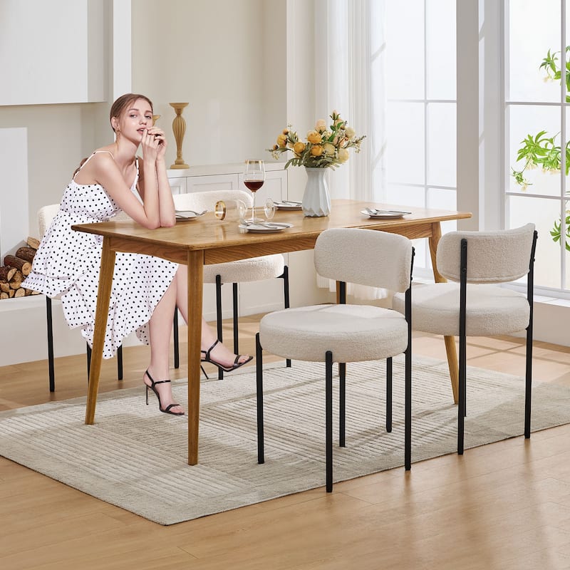 Set of 2 Boucle Dining Chairs with Curved Backrest & Black Metal Legs