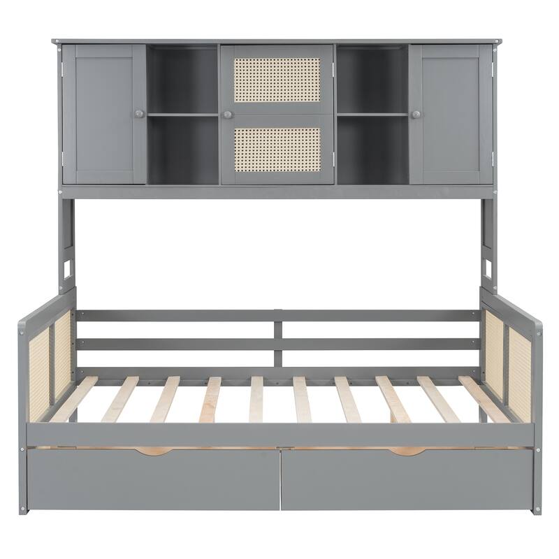 Full Size Daybed, Wooden Full Daybed Frame with 2 Storage Drawers, All-in-One Cabinet and Shelf for Bedroom