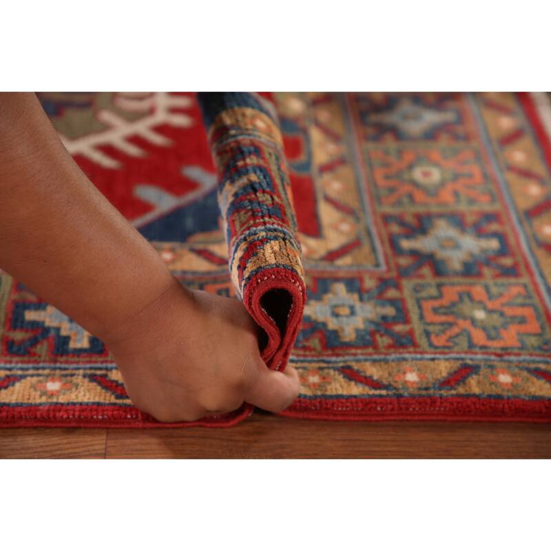 Red Geometric Kazak Accent Rug Hand-Knotted Wool Carpet - 3'4"x 5'0"