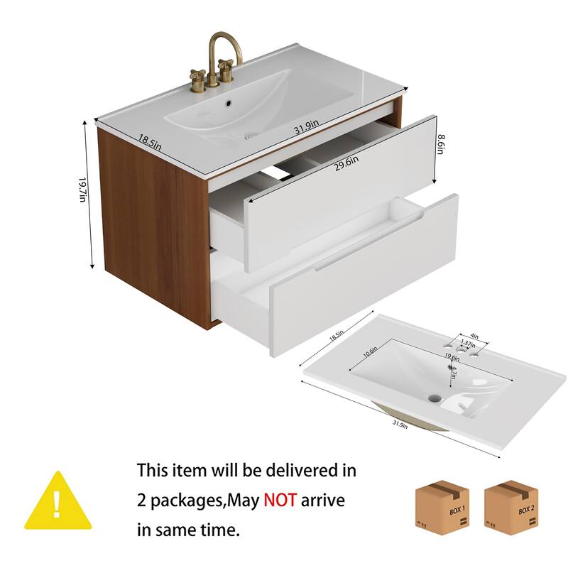 32 Inch Floating Bathroom Vanity with Sink & Double Drawers, Wall-Mounted Bathroom Vanity Base with Ceramic Basin