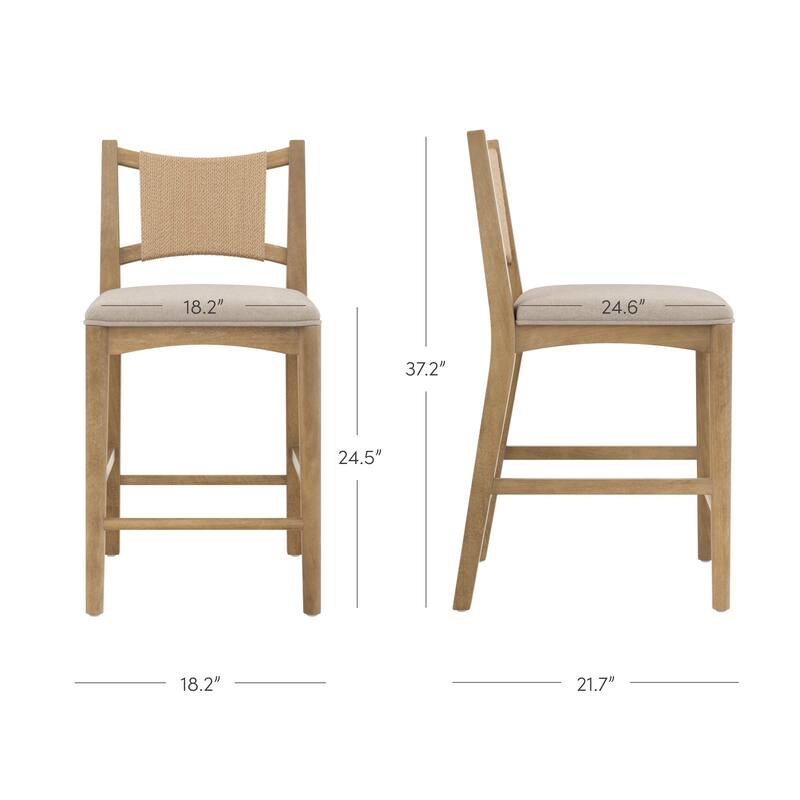 Elodia Boho Counter Height Bar Stool with Woven Seagrass Backrest and Solid Wood Frame