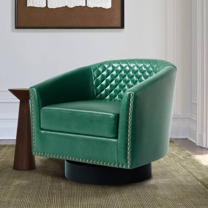 Tufted PU Vegan Leather Swivel Barrel Chair with Nailheads Trim