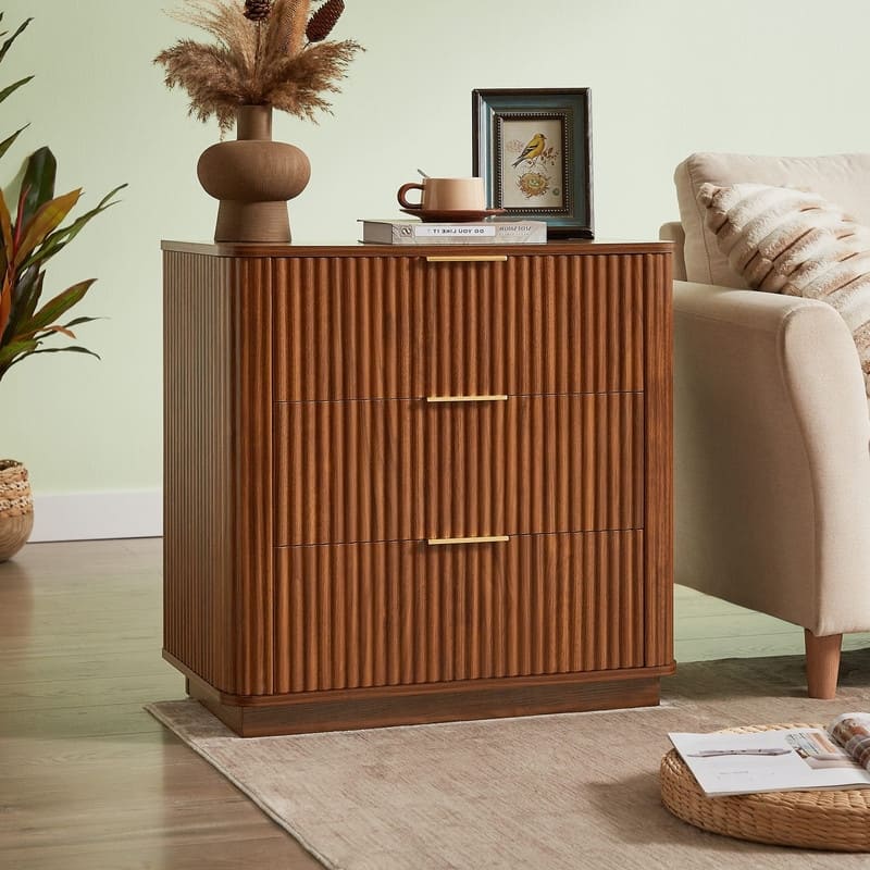 Modern Fluted 3-Drawer Dresser Nightstand with Easy Clean Waterproof Surface (Set of 2)