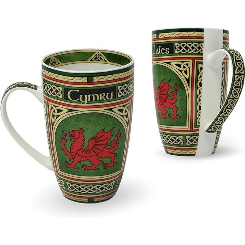 14oz Multi-Color Welsh Dragon Ceramic Coffee Mug with Intricate Celtic Knots for Daily Use - 2-Piece