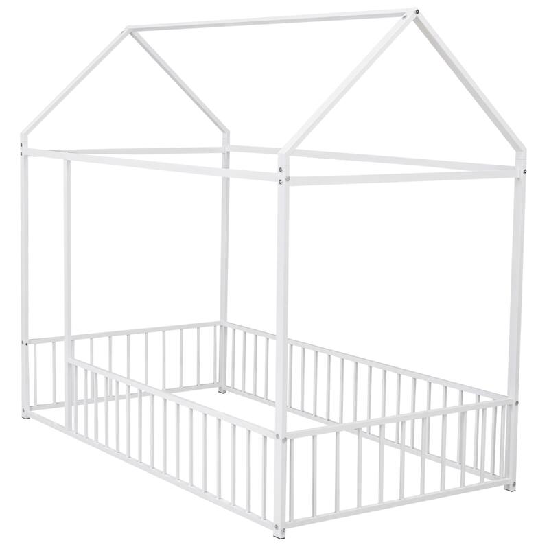 Twin/Full Size Playhouse Bed with Fence and Roof Design, Heavy Duty Metal Floor Bed Frame for Kids, Teens, Girls, Boys