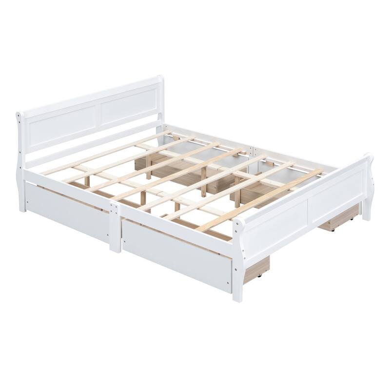 Wood Platform Bed with 4 Drawers and Streamlined Headboard & Footboard