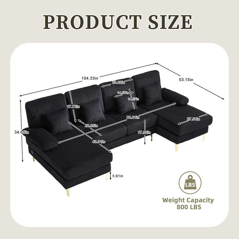 HOMEFUN Corduroy Upholstered U-shaped Adjustable Light Modular Sectional Sofa With Type-C and USB ports