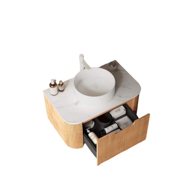 Walnut 24/30/36inch Bathroom Vanity with White Ceramic Vessel Sink, Wall Mounted Floating