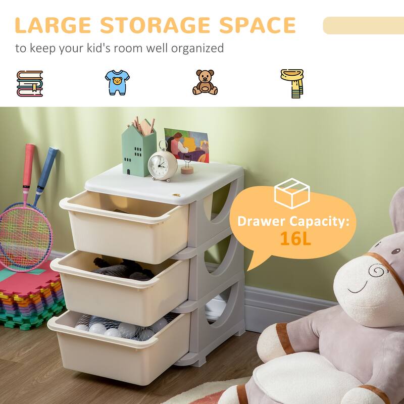 Qaba 3 Tier Kids Storage Unit, 3 Drawer Chest Toy Organizer Plastic Bins