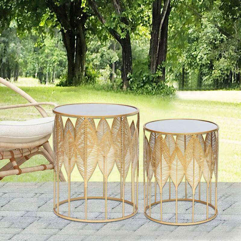 Adeco Gold Leaves End Tables Accent Coffee Nightstands Set of 2