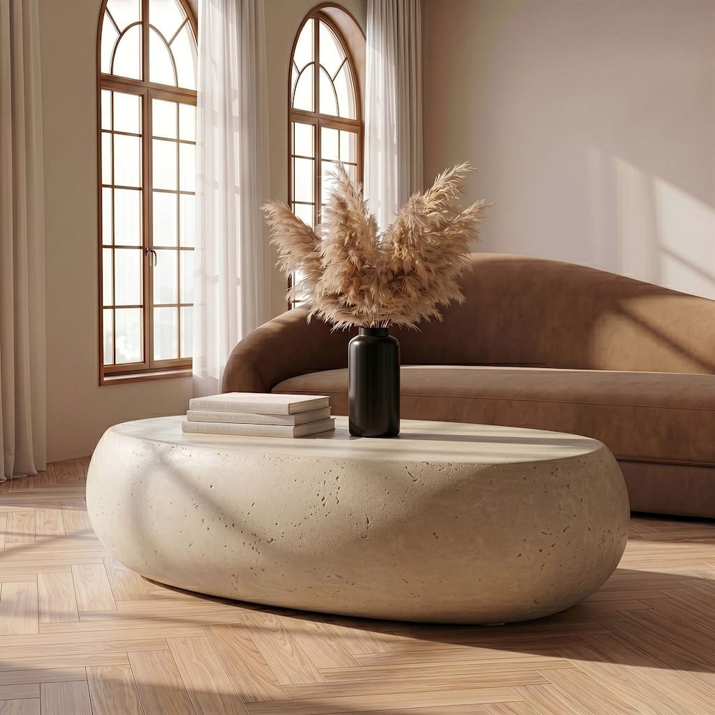 Denny Modern Beige Fiberform Large Oval Coffee Table