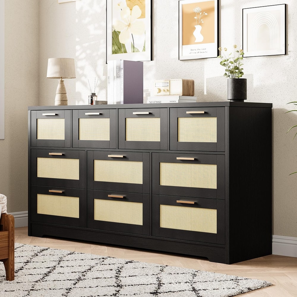 10-Drawer Dresser for Bedroom, Rattan Farmhouse Chest with Handles, Freestanding Wooden Storage Cabinet