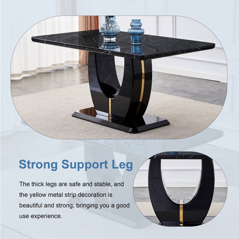 63" Modern Simple Luxurious Black Imitation Marble Grain MDF Dining Table, Rectangular Office Table