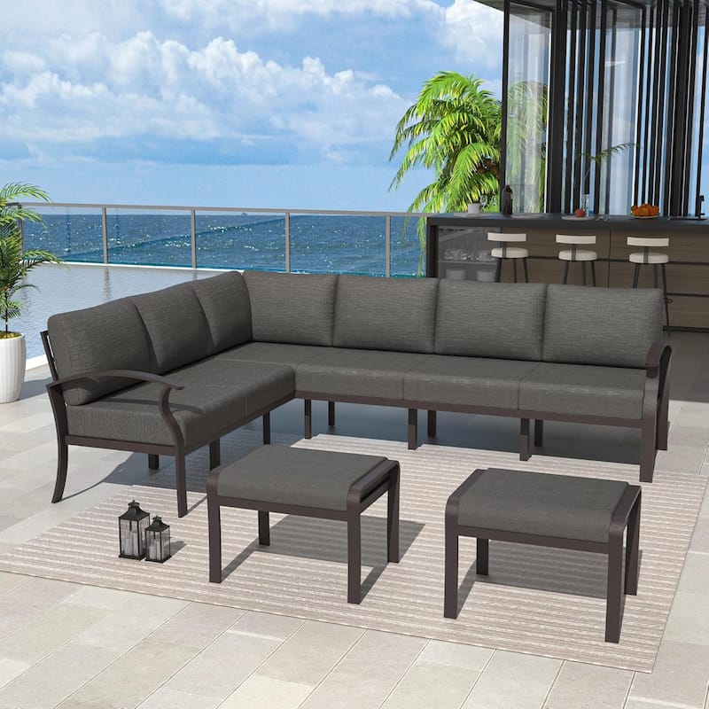 Kullavik Aluminum Corner Sofa Set, Patio Outdoor Sectional Sofa Set with Armrests and Footrests - 8 Seats - Black