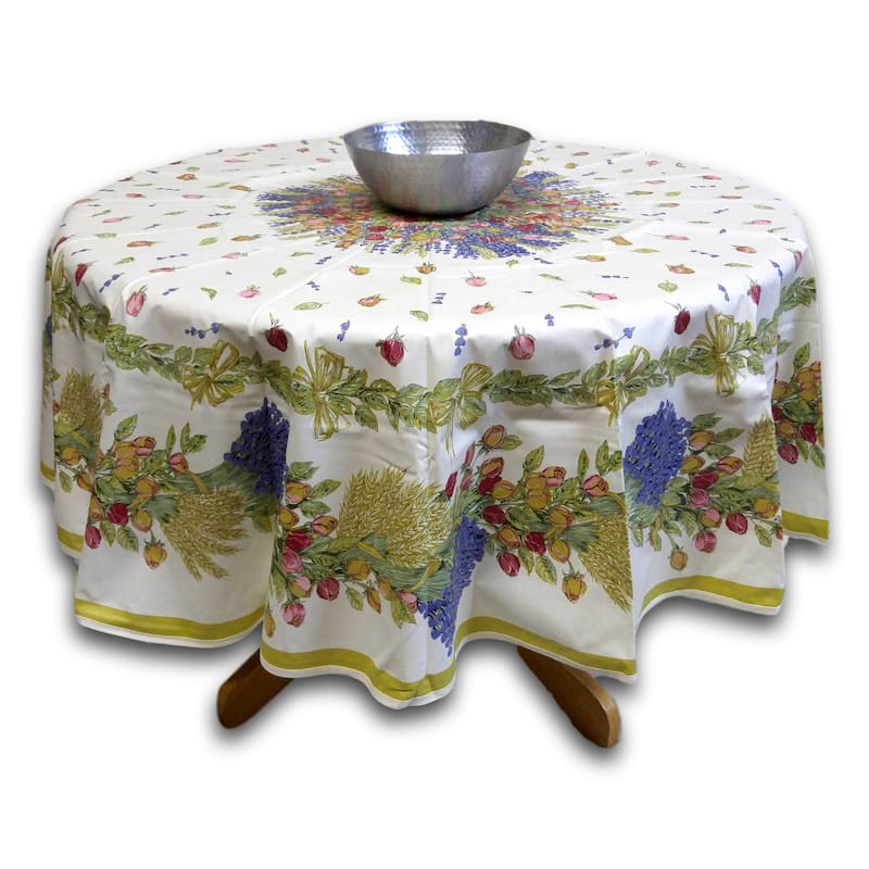 Wipeable Spill Resistant Provencal Cotton Cannes Collection Tablecloth - 71-in Round - Off-White Rose Lavender