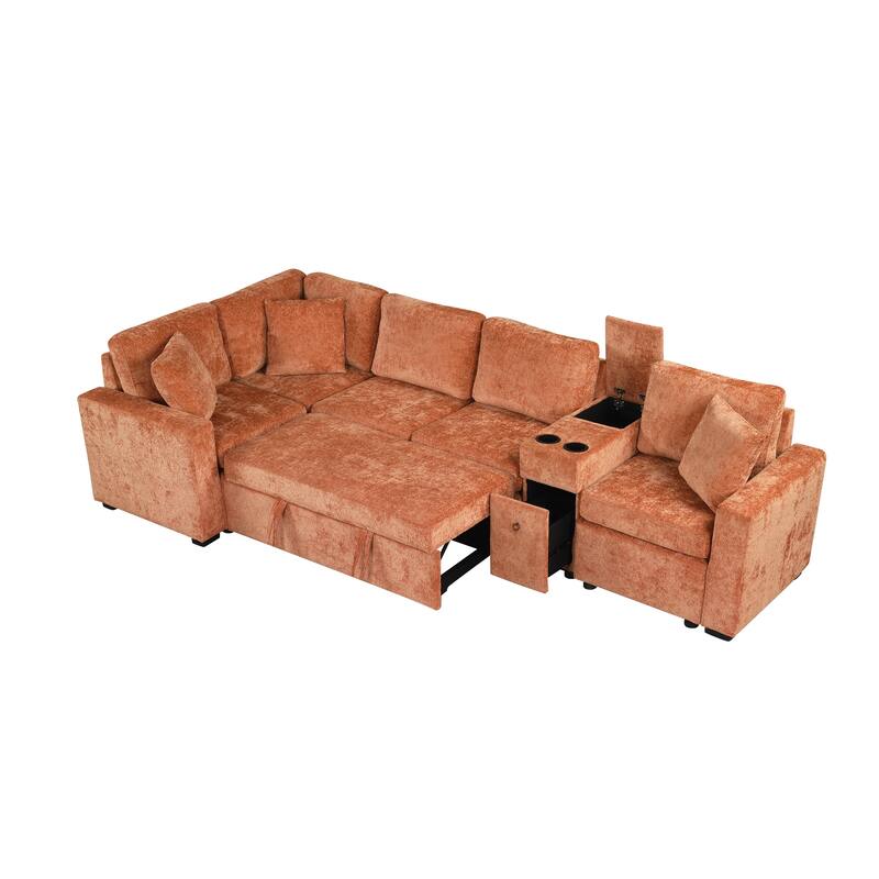 Chenille Pull Out Sectional Convertible Sleeper Sofa Modular Sectional Sofa with Pillow and 2 Cup Holders for Living Room