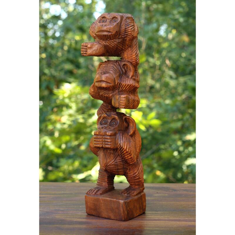 12" Wooden Hand Carved Stacked 3 Monkeys See, Hear, Speak No Evil Figurine Handmade Sculpture Home Decor Handcrafted Wood Statue