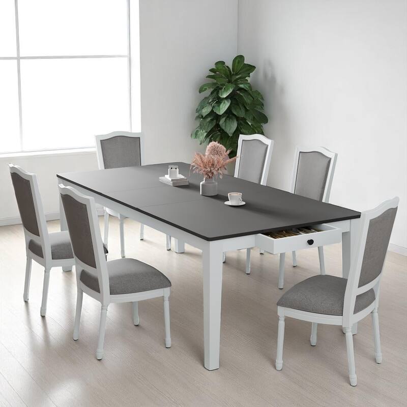 78.1" Solid Wood Dining Table Set with Removable Leaf, 6 Padded Chairs, Built-in Storage Drawers