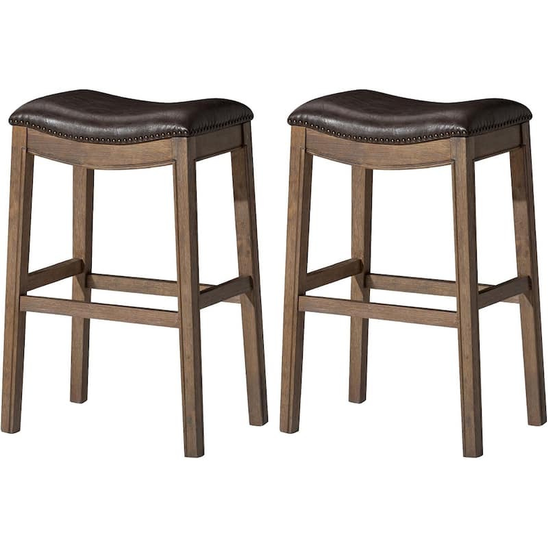 Maven Lane 31" Adrien Saddle Kitchen Bar Height Stool - N/A - Set of 2 - Walnut Vegan Leather