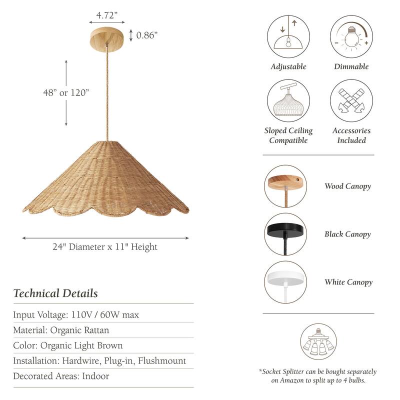 Daisy Rattan Pendant Light - Natural Large Cone 1-Light Handwoven Light Fixture For Modern, Coastal, Farmhouse, Boho Room Décor