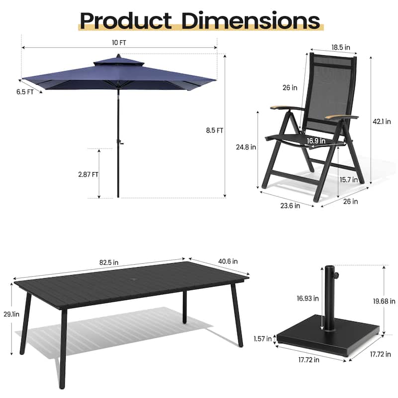 11PC Outdoor Patio Dining Set Aluminum Table with Folding Armchairs w/ Market Umbrella Sets