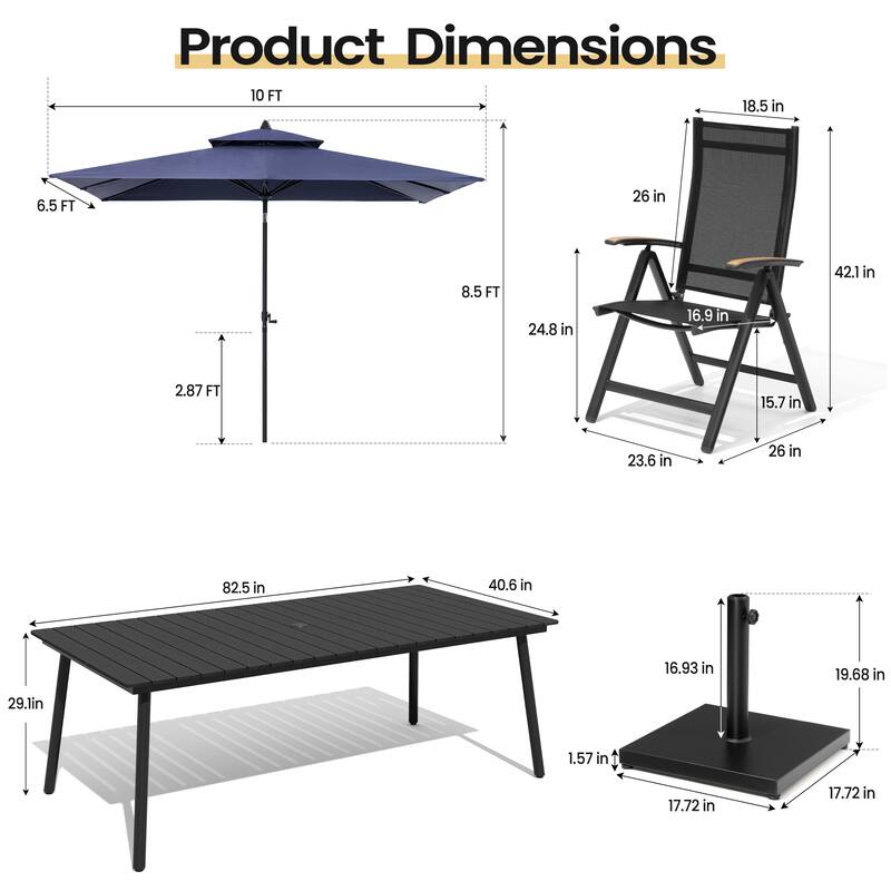 11PC Outdoor Patio Dining Set Wood-Like Aluminum Umbrella Hole Table with Folding Chairs,Double Top Market Umbrella and Base