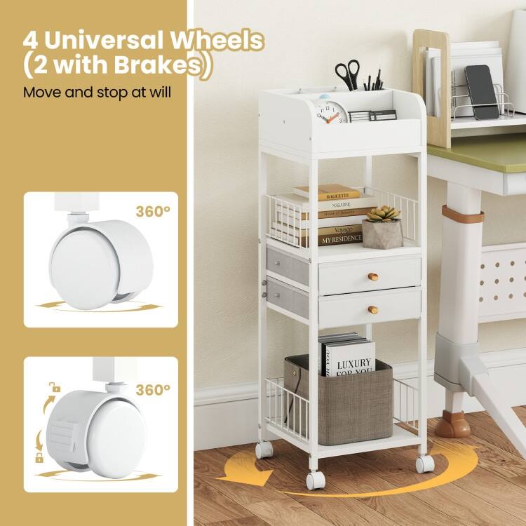 White Rolling Makeup Organizer with Drawers and Shelves Metal Vanity Storage Cart with Wheels - 12" x 12" x 35.5"