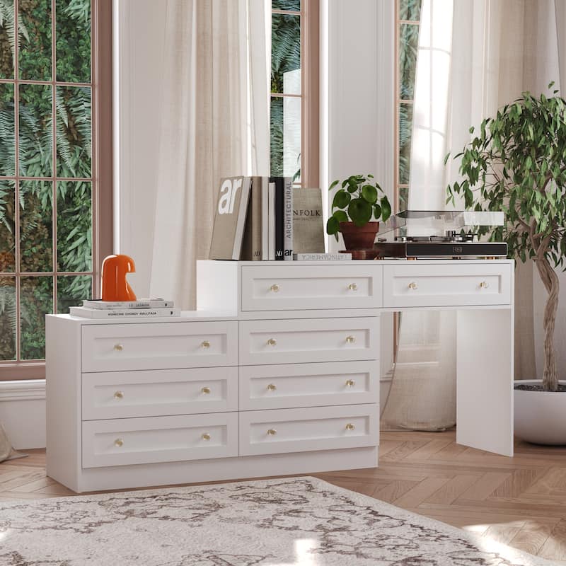 White Dresser and Vanity Versatile Storage Solution Crystal Desk
