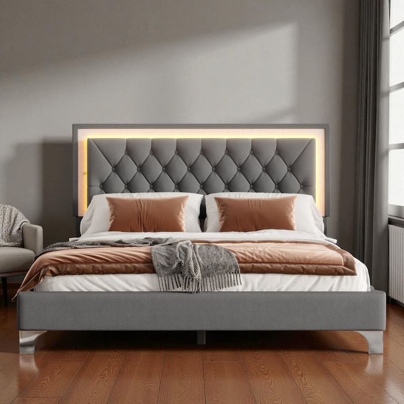 Queen Size Velvet Upholstered Bed Frame with LED Lights, Modern Tufted Headboard Platform Bed with Slats - Grey - Queen