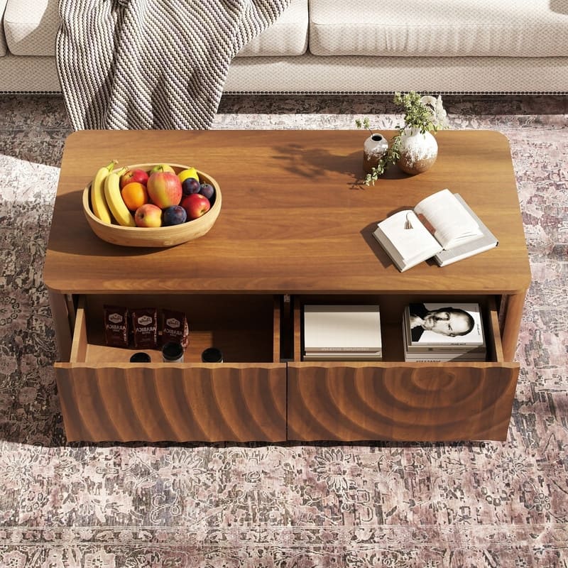 Mid Century 47" Rectangle Coffee Table with Unique Wave Texture and Safe Rounded Corner Design for Living Room